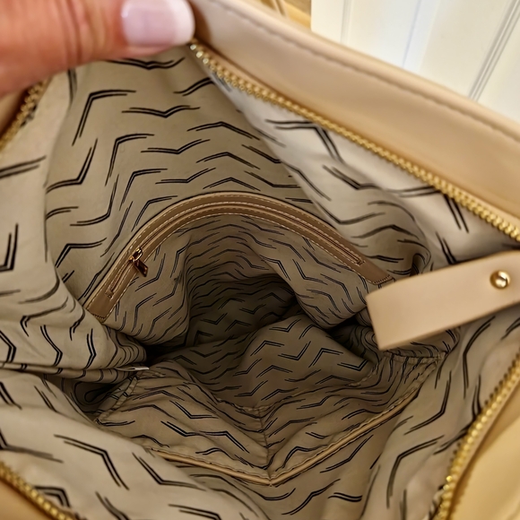 Minimalist Cream Faux Leather Roll-Top Backpack - Woven Pocket - Fits Tablet - Picture 4 of 8